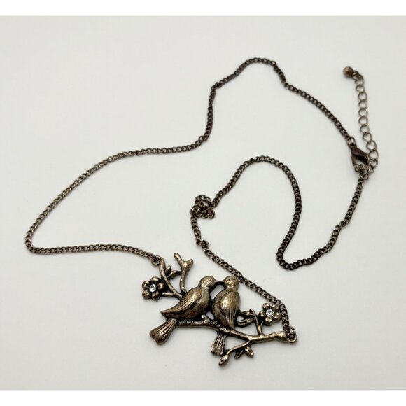 Vintage Lovebirds Pendant Necklace Sitting on Branch Rhinestone Accents - Picture 2 of 7